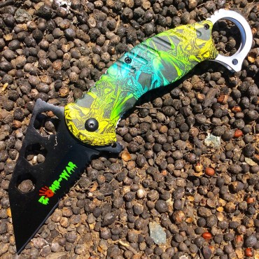 7.5 in. Zomb War Spring Assisted Tanto Knife Teal Ocean Camo Handle Fore Finger Grip