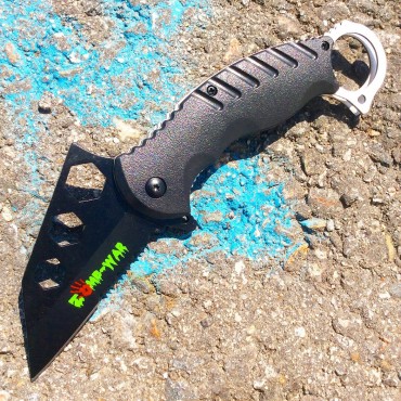 7.5 in. Zomb War Spring Assisted Tanto Bladed Knife Black Handle design Fore Finger Grip