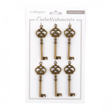 Antique Key Charm Style 4 - Double Hearts - Pack of 6
