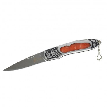 8 in. The Bone Edge Stainless Steel Folding Knife with Engraved Orange Colored Handle