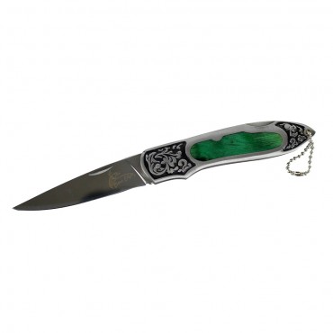 8 in. The Bone Edge Stainless Steel Folding Knife with Engraved Green Colored Handle