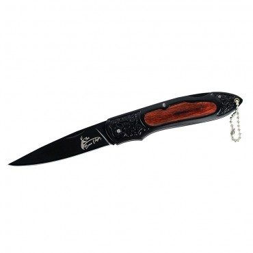 8 in. The Bone Edge Black Steel Folding Knife with Engraved Wood Handle
