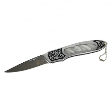 8 in. The Bone Edge Stainless Steel Folding Knife with Engraved Pearly White Handle