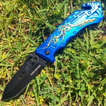 8 in. Hunt Down Blue Handle Tactical Team Spring Assisted Knife With Belt Clip