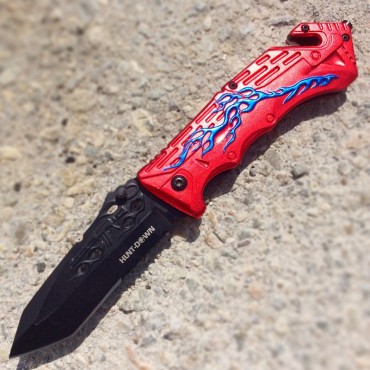 8 in. Hunt Down Red Handle Spring Assisted Knife With Belt Clip