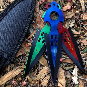 Zomb War 3 Piece Throwing Knife set Red, Green and Blue Colors With sheath