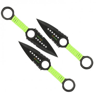 Zomb War 3 Piece Throwing Knife set Black Color W/ sheath and Green cord