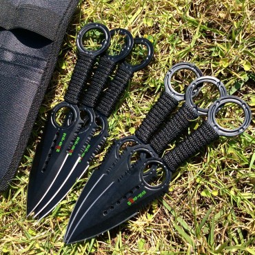 Zomb War 6 Piece Throwing Knife set Black Color W/ sheath and Black cord