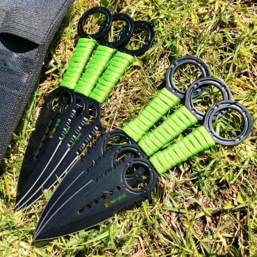 Zomb War 6 Piece Throwing Knife set Black Color W/ sheath and Green cord