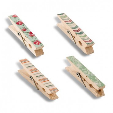 Vintage Wooden Clothespins With English Garden Pattern - 6 Pieces
