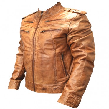 New Mens Genuine Sheep Skin Leather Fashion Jacket Brown 4 Zipped chest Pocket