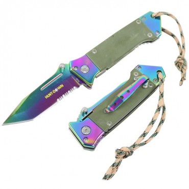Hunt-Down 7.5 in. Rainbow Spring Assisted Tactical Rescue Knife W/ Green G10 Handle