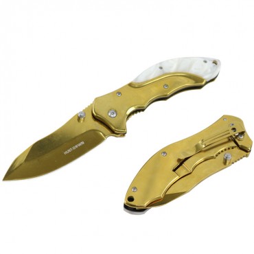 Hunt-Down 7 in. Gold Classic Folding Knife With A White plastic Marble Trim Handle