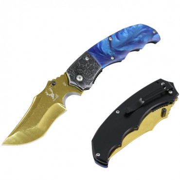 TheBoneEdge 7.5 in. Gold Ball Bearing Folding Knife With Blue Plastic Handle