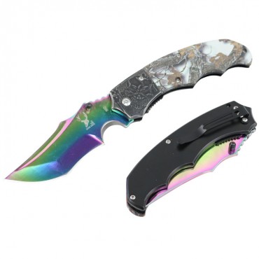 TheBoneEdge 7.5 in. Ball Bearing Folding Knife Rainbow Blade & Autumn Leaves Handle