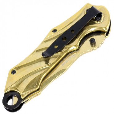 TheBoneEdge 8 in. Gold Color Spring Assisted Tactical Rescue Knife With Belt Clip