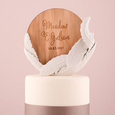 White Feather Porcelain Wedding Cake Topper With Personalized Veneer Disc In Feather Whimsy Design