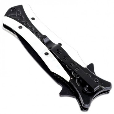 TheBoneEdge 8 in. Black/White Spring Assisted Tactical Rescue Knife With Belt Clip