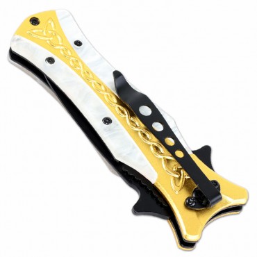 TheBoneEdge 8 in. Gold & White Spring Assisted Tactical Rescue Knife With Belt Clip