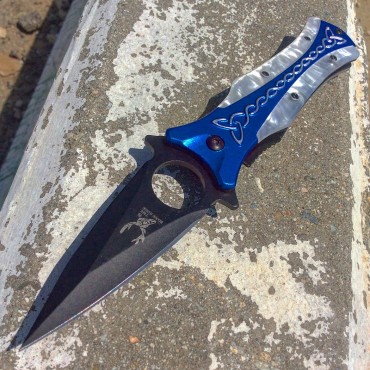 TheBoneEdge 8 in. Blue & White Spring Assisted Tactical Rescue Knife With Belt Clip