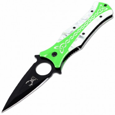 TheBoneEdge 8 in. Green & White Spring Assisted Tactical Rescue Knife With Belt Clip