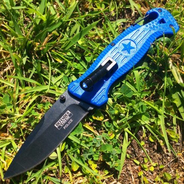 Defender-Xtreme 8 in. Spring Assisted Knife With Mini LED Flashlight Blue Handle
