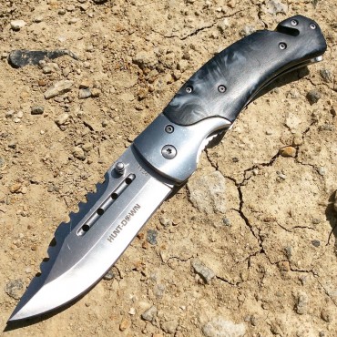 Hunt-Down 8 in. Spring Assisted Tactical Rescue Pocket Knife - Black & White Swirl Handle