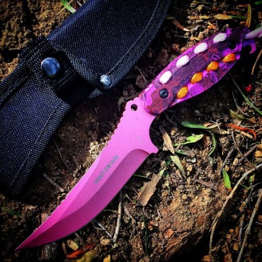 Hunt-Down 9 in. Light Pink Hunting Knife Pink & Orange Paracord with Nylon Sheath