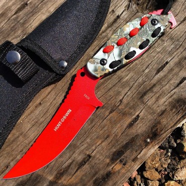 Hunt-Down 8 in. Red Hunting Knife With Woodland Camo Handle and Black Red paracord
