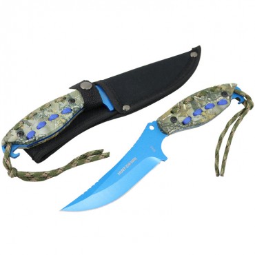 Hunt-Down 8in. Blue Hunting Knife With Woodland Camo Handle & Nylon Sheath