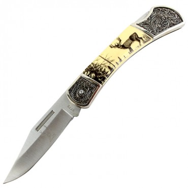 High Quality 7.5 in. The Bone Edge Folding Knife Deer & Wilderness Design Handle