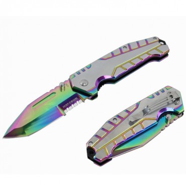 Hunt-Down 8 in. Rainbow Ball Bearing Folding Knife Tactical Rescue With Belt Clip