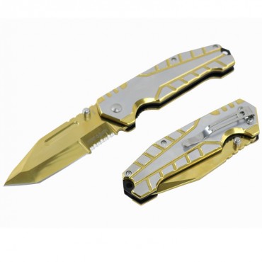 Hunt-Down 8 in. Gold Ball Bearing Folding Knife Tactical Rescue With Belt Clip