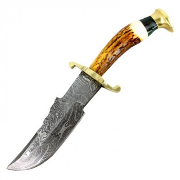 The Bone Edge Damascus Blade Hunting Sharp Knife Burnt Wood Handle Leather Sheath