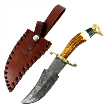 The Bone Edge Damascus Blade Hunting Sharp Knife Burnt Wood Handle Leather Sheath