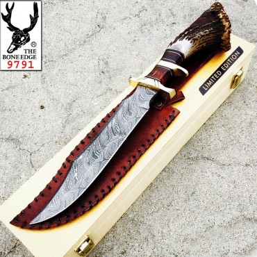17 in. Damascus Steel Real Stag Horn Handle Hunting Knife Hand Made With Leather Sheath