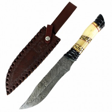 The Bone Edge 13 in. Damascus Steel Fixed Blade Bone and Horn Handle Hunting Knife