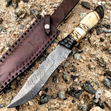 The Bone Edge 13 in. Damascus Steel Fixed Blade Bone and Horn Handle Hunting Knife