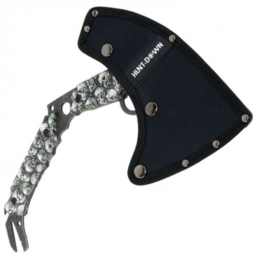 Hunt-Down 13 in. Hunting Survival Axe With Sheath - Skulls Pattern Handle