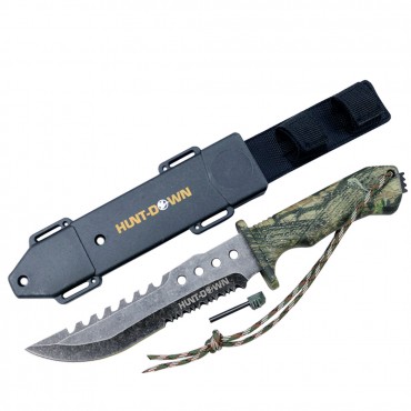 Hunt-Down Forest Camo 12 in. Carbon Steel Hunting Fixed Blade Survival Sharp Knife