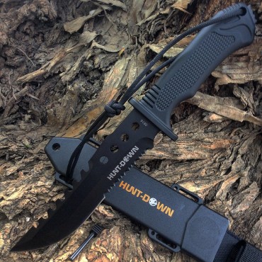 Hunt-Down 12 in. Carbon Steel Hunting Tactical Survival Knife Black Plastic Handle