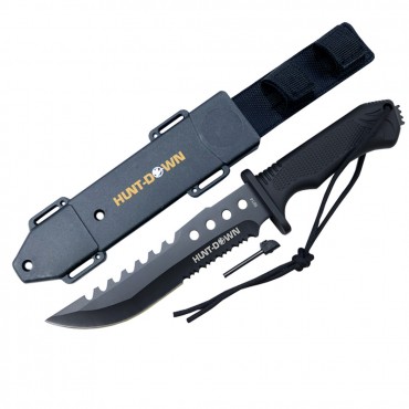Hunt-Down 12 in. Carbon Steel Hunting Tactical Survival Knife Black Plastic Handle