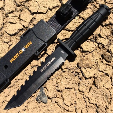Hunt-Down 13 in. Tanto Point Hunting Knife with Plastic Sheath Grenade Design Handle