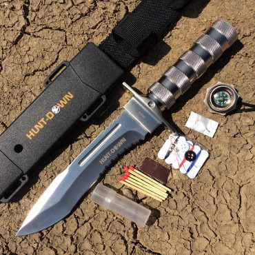 Hunt-Down 12 in. All Chrome Fixed Blade Survival Knife - Survival Kit & Compass