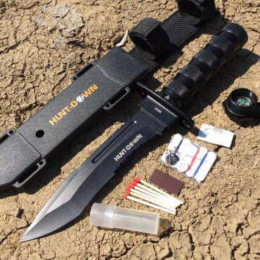 Hunt-Down 12 in. All Black Fixed Blade Survival Knife - Survival Kit & Compass