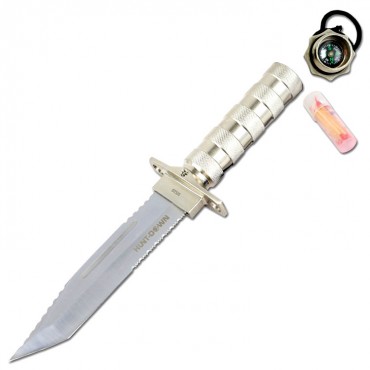 Hunt-Down 12 in. Chrome Color Fixed Blade Survival Knife - Survival Kit & Compass