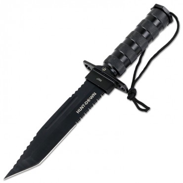 Hunt-Down 12 in. Black Color Fixed Blade Survival Knife - Survival Kit & Compass