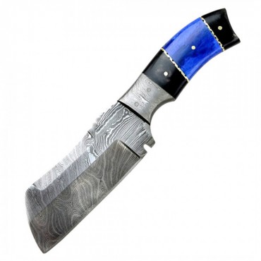 Hunt-Down 9 in. Damascus Blade Hunting Knife Horn Handle With Leather Sheath