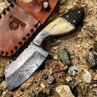 Hunt-Down 9 in. Damascus Blade Horn Handle Hunting Knife With Leather Sheath
