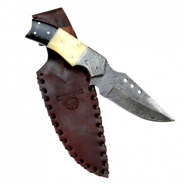 Hunt-Down 9.5 in. Damascus Blade Horn Handle Hunting Knife With Leather Sheath